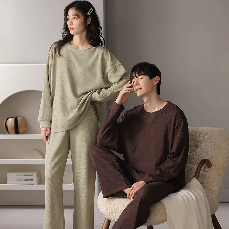 

Autumn and Spring 2024 Couple Pajamas Pullover Long Sleeve Breathable Cotton Men Women Waffle Loungewear pijamas para parejas