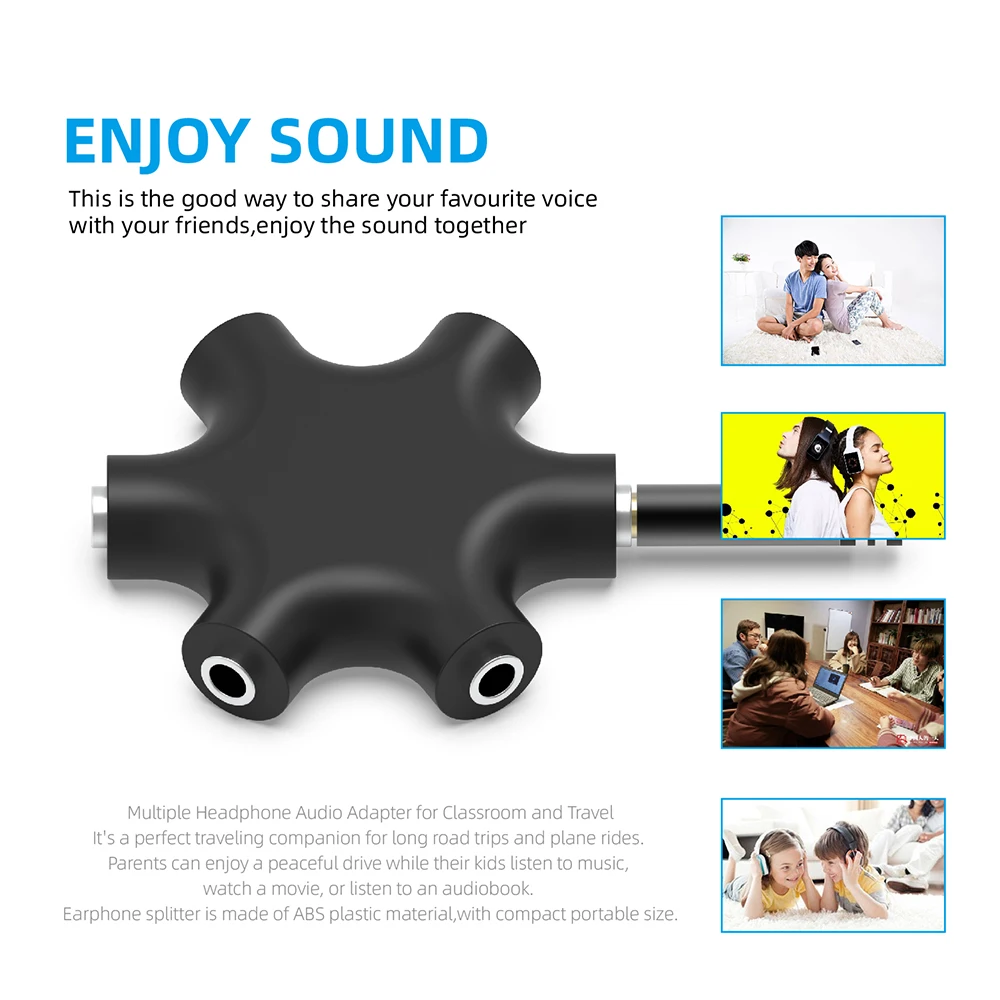 Headphone 5 Way 6 Port Audio Connector Adapter For Phone Pc Music Player To 5 Outputs Wide Compatible Earphone