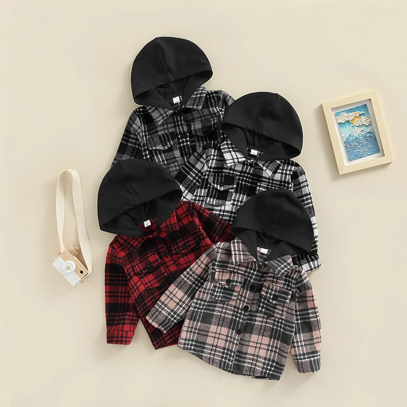 FOCUSNORM 1-6Y Fashion Kids Boys Autumn Jacket Outwear Hooded Single-Breasted Plaid Printed Long Sleeve Shirts