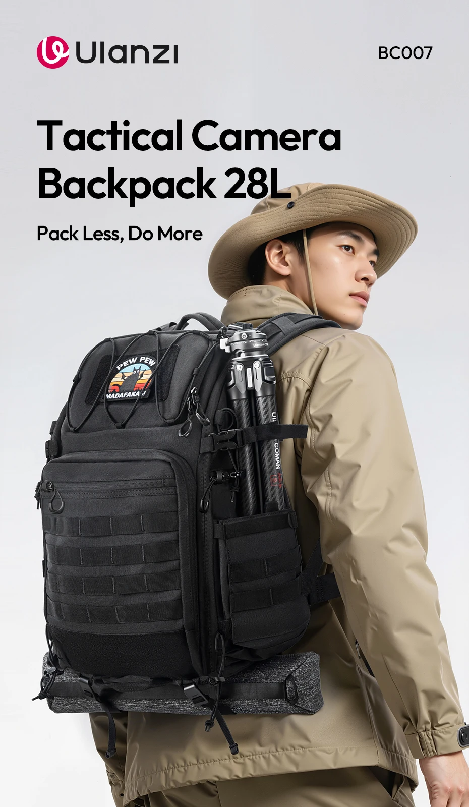 Tactical Camera Backpack 28L with Side Pockets Dividers U-Shaped Opening Foldabl