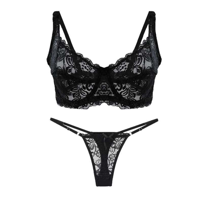 Sexy Lace Thin Bra Briefs Set Low Rise Adjustable Thongs for Women Push Up Hollow Out Bra Female Breathable Underwear Suit 1