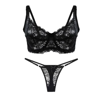 Sexy Lace Thin Bra Briefs Set Low Rise Adjustable Thongs for Women Push Up Hollow Out Bra Female Breathable Underwear Suit 1