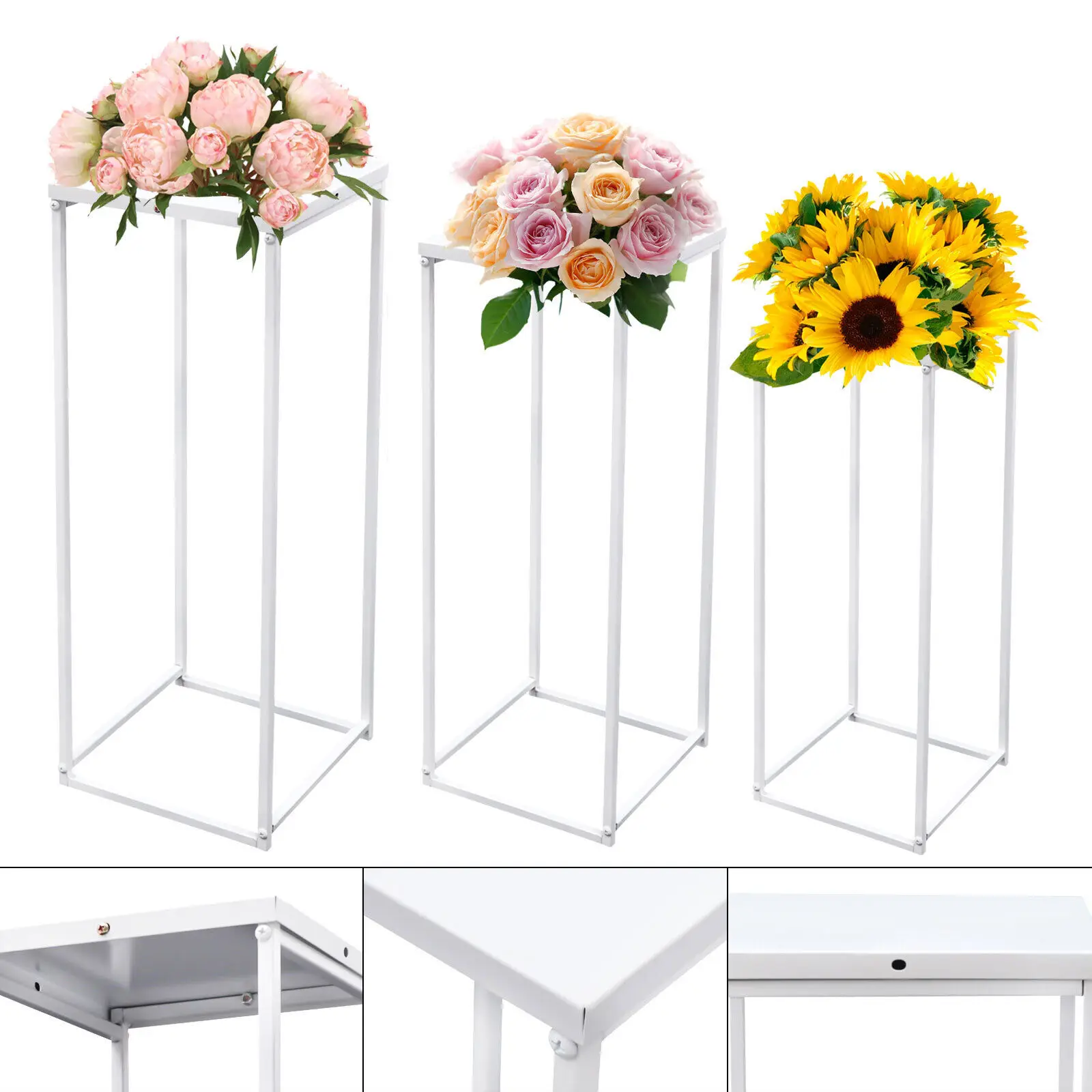 3Pcs Tall Pedestal Metal Plant Stands, Flower Square Vase Column Stands for Wedding Garden Living Room Patio Decor White