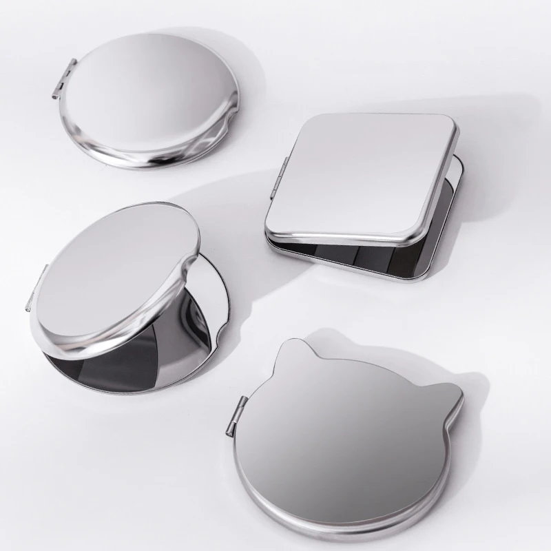 1pc Portable Women Stainless Steel Makeup Mirror Hand Pocket Folded-Side Cosmetic Make Up Mirror Small Various Shapes