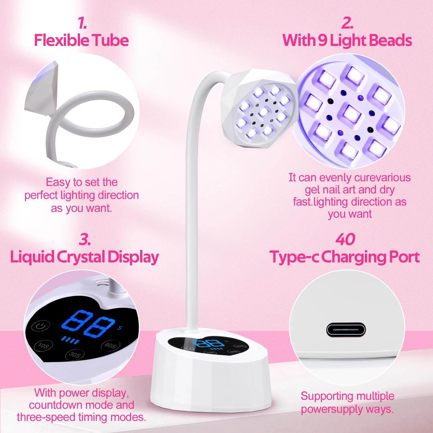 DinaBeauty 충전식 네일 UV LED 램프, 네일 건조기, 360 ° 구부릴 수 있는 빠른 건조 네일 매니큐어 광택제 접착제 젤 경화 램프, 27W
