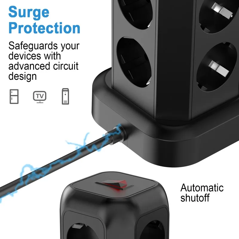 EU Plug Surge Protector Multi-Socket with 8 AC Outlets,3 USB and 1 Type C Ports，1.8M Extension Cable