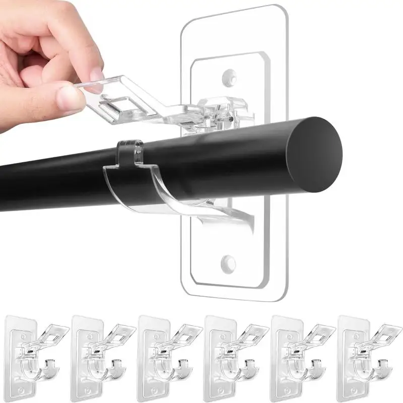 6-Pack No Drill Needed Curtain Rod Holders Brackets,Multipurpose Nail Free Stick on Curtain Rod Hooks