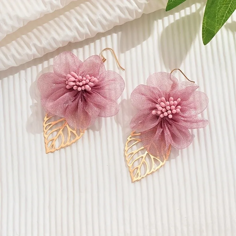 Simple Fashion Hollow Lace Leaf Flower Dangle Earrings for Women Chic Cute Mesh Earrings Party Jewelry Gifts