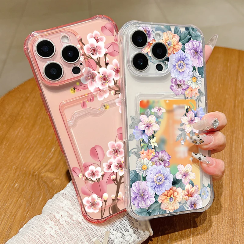 Floral Shockproof Clear TPU Phone Cover with Card Slot Pocket