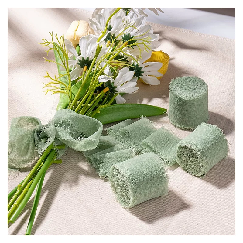 Chiffon silk ribbon 3Roll/Set Sage Green Ribbon Edged Wrinkle Chiffon Handmade Ripped Wedding Party Flower Bouquet Gift Decor Christmas Home Decor