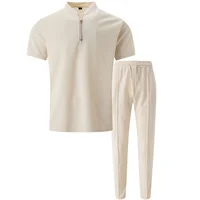 Polo à col gaufré pour hommes, petite fermeture éclair, couleur unie, T-shirt à manches courtes, pantalon, deux ensembles, nouvelle collection 6