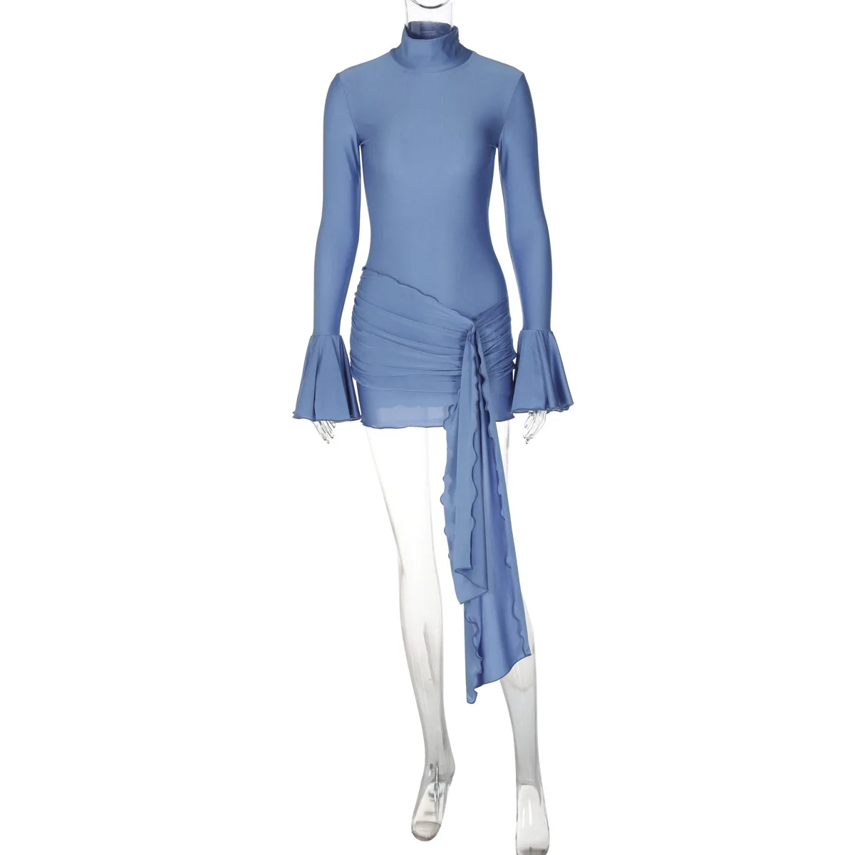 Autumn New Flare Sleeve Sexy Bodycon Dress For Women Edible Tree Fungus Irregular Splice Gown Mini Dresses Solid Color