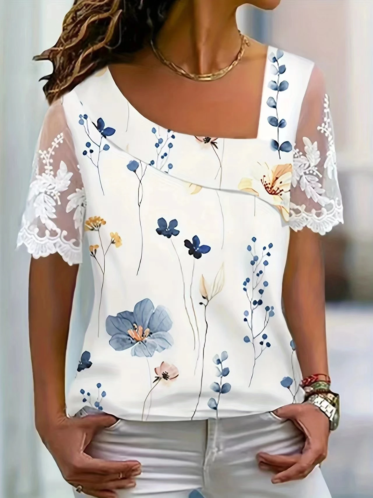 Fashion White Lace Short Sleeve Tops Women T Shirt 2023 Summer Casual Buttons Office T-shirt Tshirt Top Femme