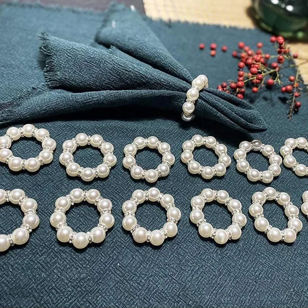 12 Pcs Pearls Napkin Ring Napkins Holders Table Decoration for Party Wedding Kitchen Dining Room Family Dinner