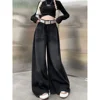 Retro Washed High Waist Wide Leg Jeans Women's Winter Loose Straight Cut Trousers Floor-Length Pants Design Sensation Fringe