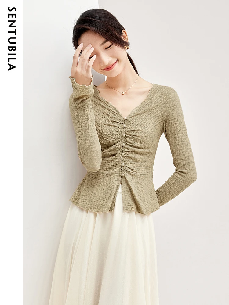 

SENTUBILA V-neck Elegant Knitted T-shirt 2024 Spring New Split Hem Slim Tshirt Simple Long Sleeve Knit Top Pullovers 133T51952