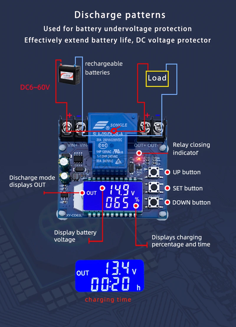 XY-CD63 30a DC6-60V Batterie ladung Entladung Steuer modul DC Spannungs schutz Unter spannung Verlust Verlust Schutz – Detail 11