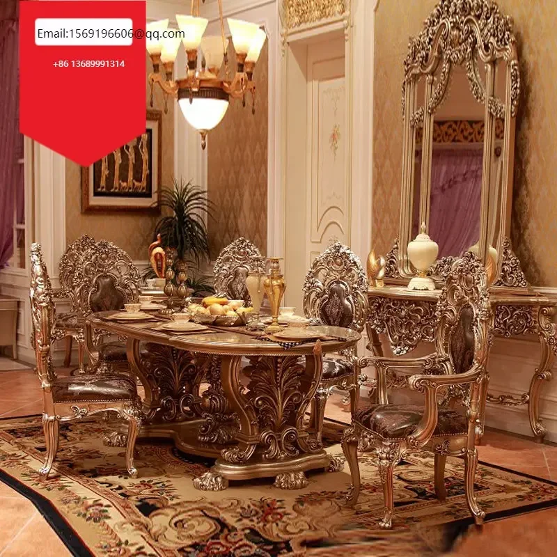 

Custom all solid wood carved dining table and chair combination European carved gold foil long dining table villa dining table