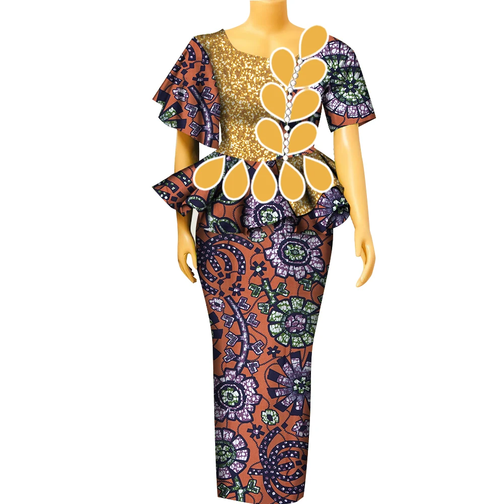 BintaRealWax 여성용 아프리카 투피스 세트, Dashiki 물방울 패턴 아프리카 의류, 파티용 바진 레이디 의류, YF104
