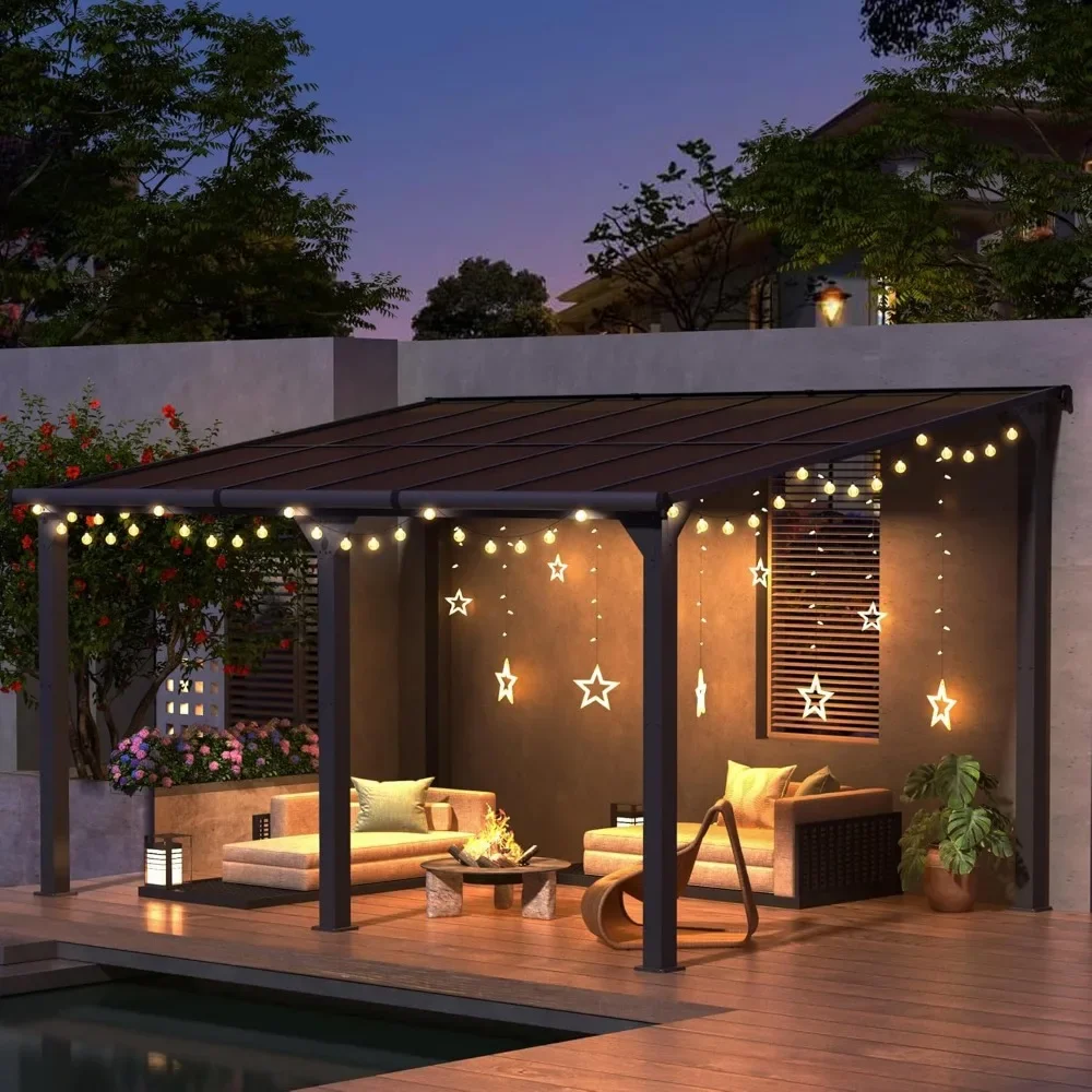 10x14 FT Gazebo, Hard Top Lean To Gazebo Pergola, Wall Mounted Awnings for Patio, Deck, Lawn and Backyard,Outdoor Gazebos 3
