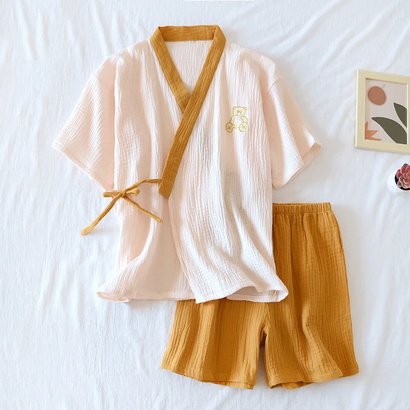 New spring and summer Japanese kimono suit ladies 100% cotton crepe short-sleeved shorts pajamas two-piece set thin straps women