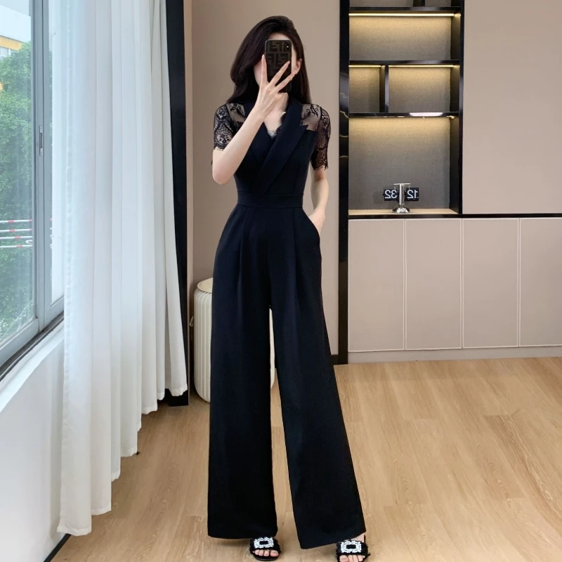 

Elegant Lace Patchwork Black Jumpsuit Women Summer High Waist Short Sleeve Jumpsuits Combinaison Femme Overalls