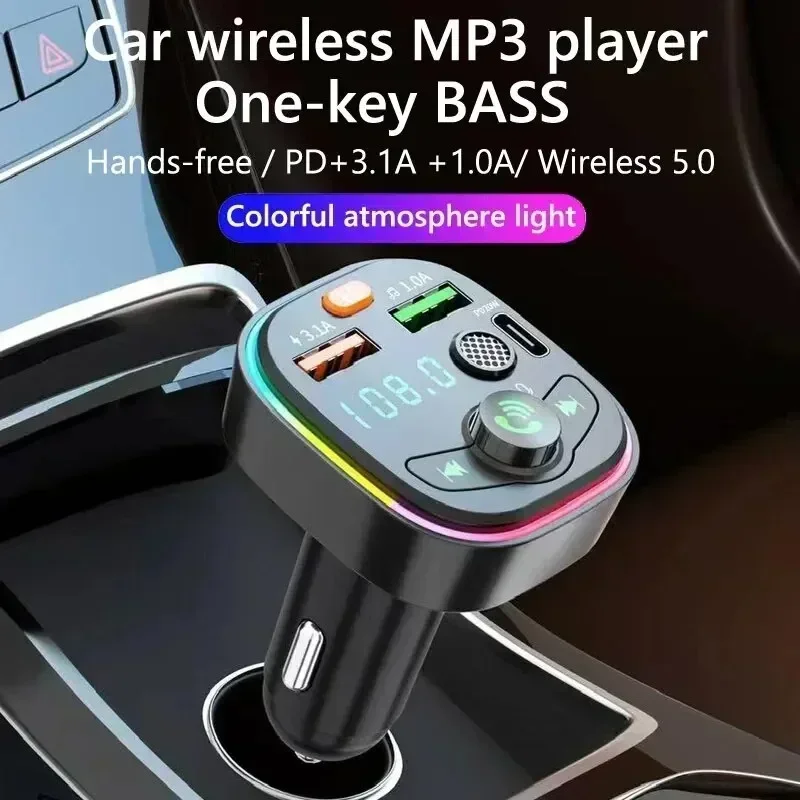 Dual USB Type C Quick Charge Bluetooth 5.0 Car Fast Charger Hands-free Call Kit FM Transmitter MP3 Player Car Cigarette Lighter