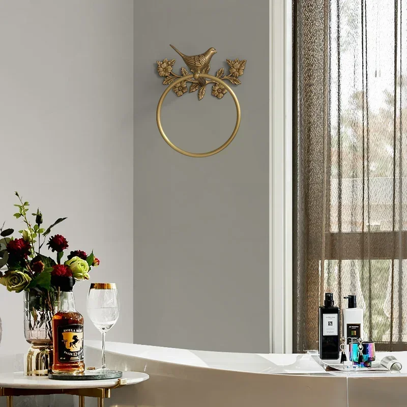 Luxury All-Copper Bathroom Accessories Retro Brass Bird Towel Ring Clear Texture Punch-Free Towel Holder Antique Bathroom Ac 4