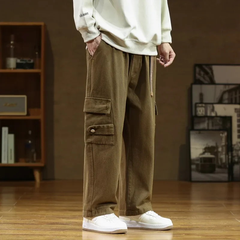 Men Cargo Pants Cotton Straight Wide Leg Oversize Pants Male Korean Style Autumn Big Size Fashion Pockets Casual wide leg pants men cargo pants