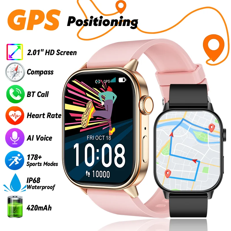 LIGE 2025 For Android IOS GPS Smart Watch Women 2.01″ HD Screen Heart Rate Bluetooth Call Compass IP68 Waterproof Men Smartwatch