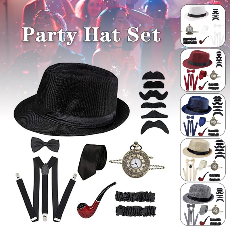 

8pcs Halloween Party Hat Set 1920s Mens Gatsby Gangster Costume Props Panama Hat Suspender Men's Ball Fancy Dress Accessories