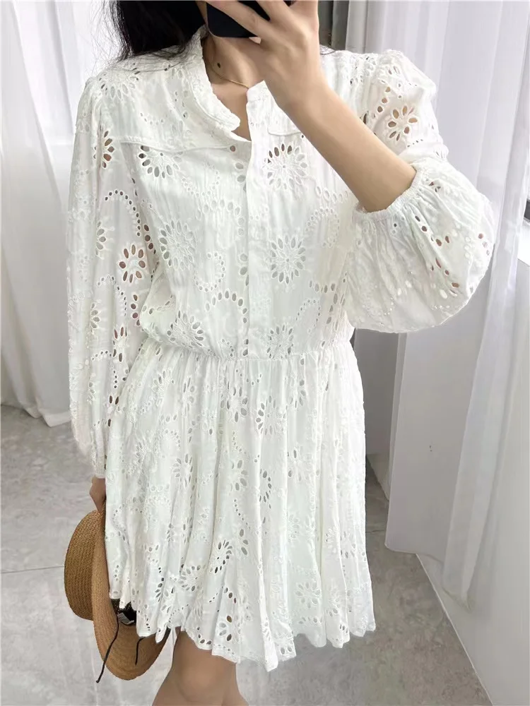 

Spring Summer New MAJ High Quality Dress Women Fashion Embroidery Hollow Out A-line Skirt Ladies Slim Lace Holiday Robe Female