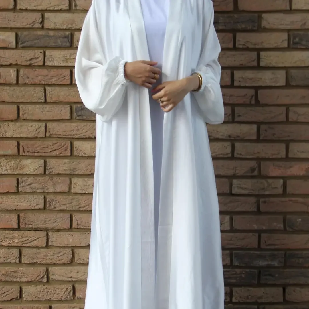 Satin Abaya Kimono Dubai Muslim Hijab Dress Plain Puff Sleeves Open Abayas for Women with Belt Turkey Islam Outfit Kaftan Robe