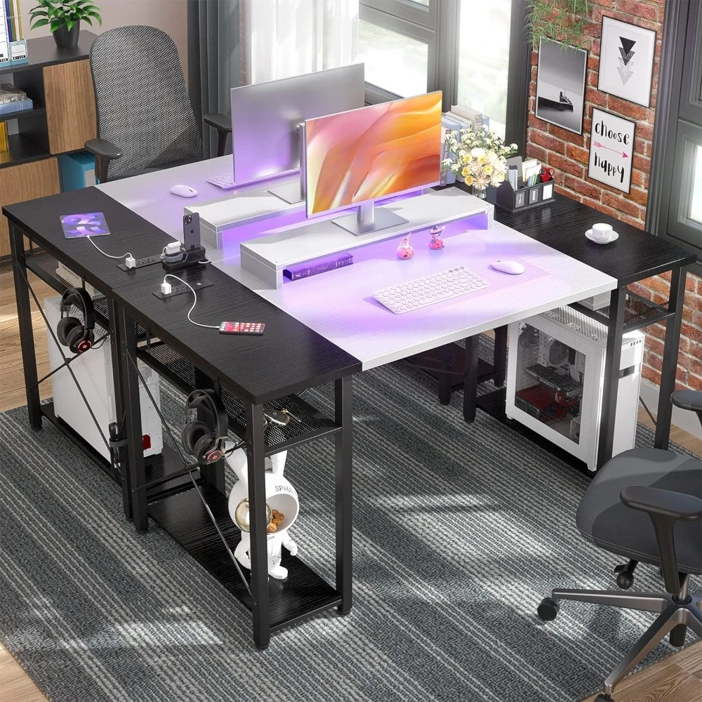 

Computer desk with LED light, 55" desk with power socket and USB, reversible large desk with movable monitor stand