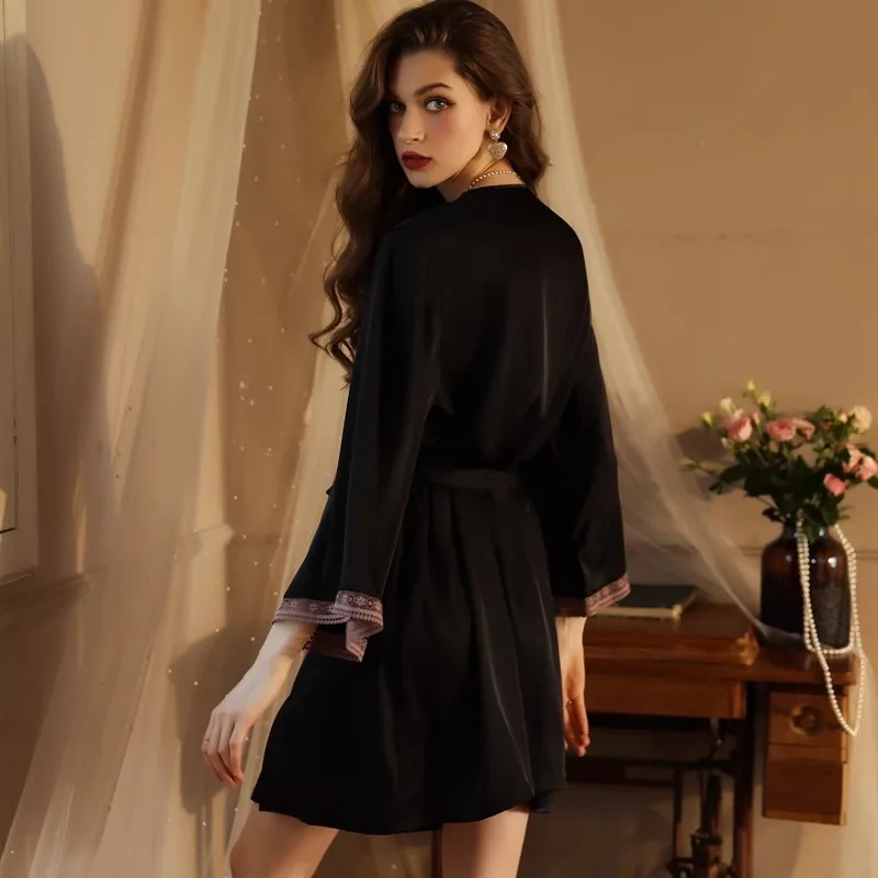 Nightdress SolidColor ThinSexy Fashion Casual Lace Stitching Silk Two-Piece Women's Summer Cardigan Coat Morning Sling Home Wear