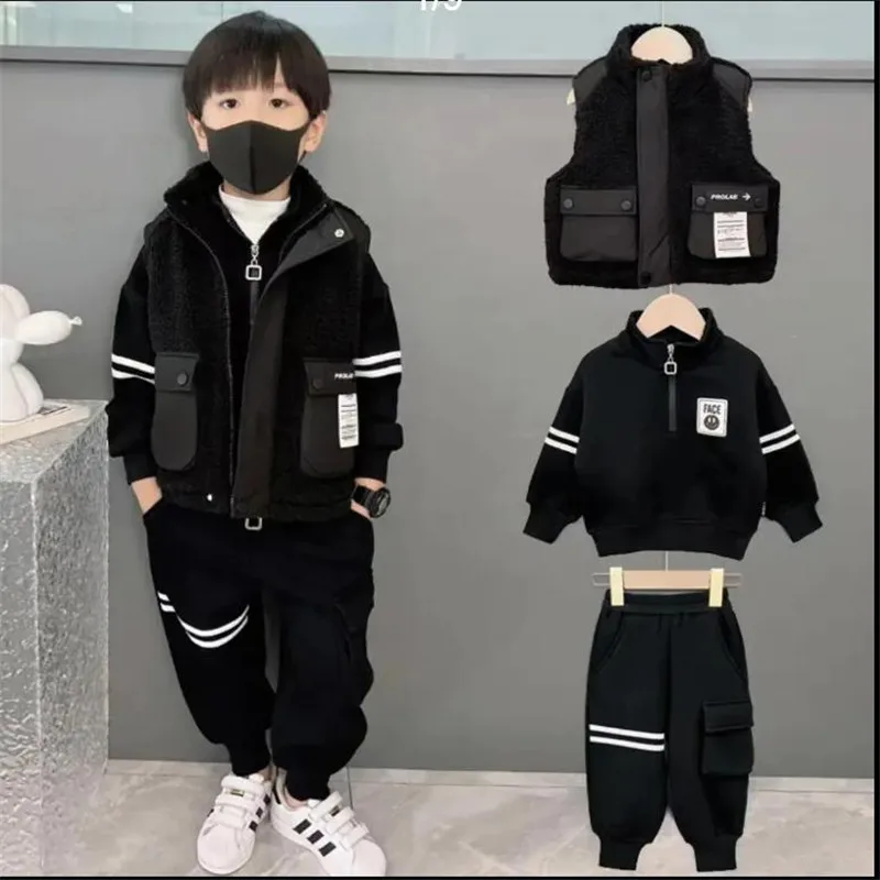 

Boys' Vest Set 2023 Winter Fur New Korean Children's Edition Foreigner Fashion Thickened Three Piece Trend Zipper Solid black