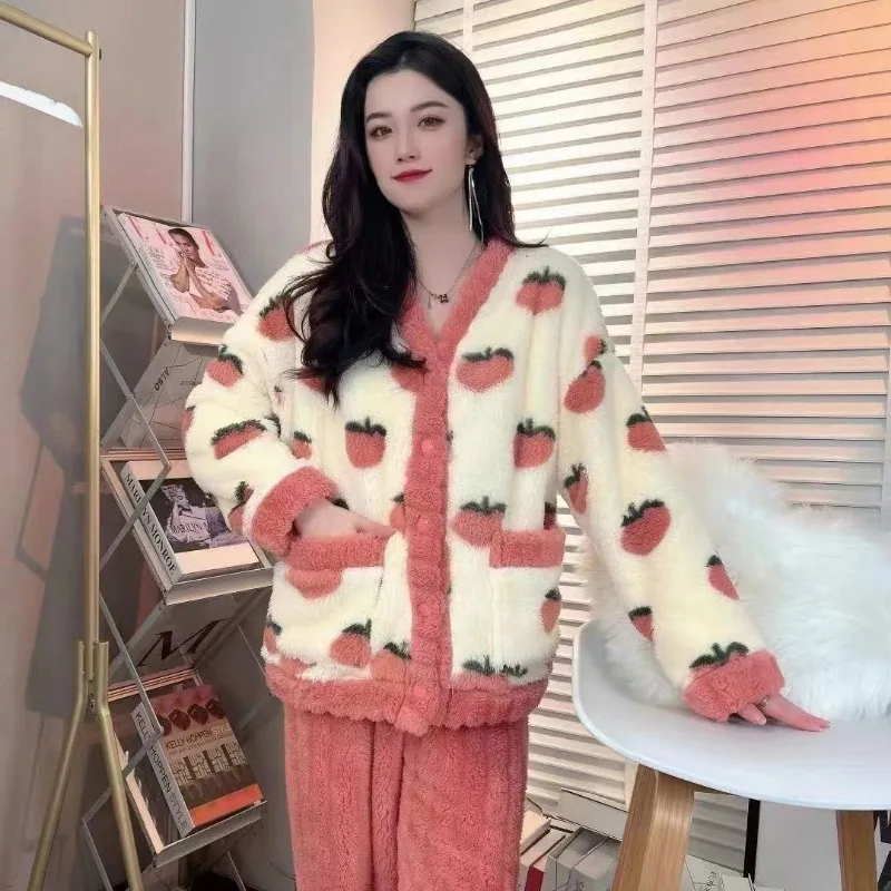 Spring and Fall Coral Velvet Pajama Lady Cute Fall-winter Flannel Homewear Set Can Be Worn Outside Long Sleeve pajamas