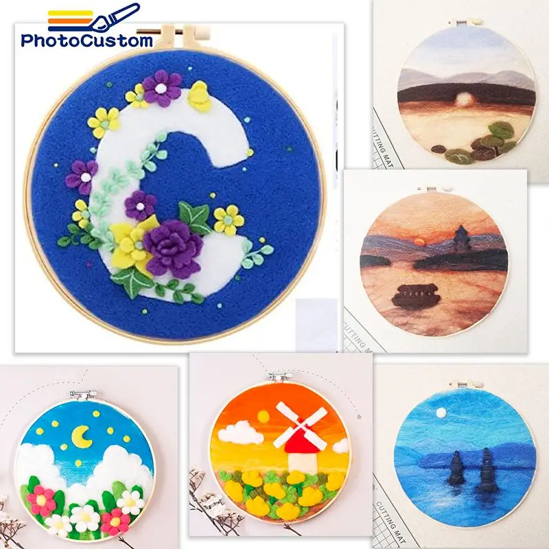

PhotoCustom Felt painting Diy wool craft kit Scenery Felt painting Moon Diycraft HandPainted Art Gift DIY Kits Home Decor