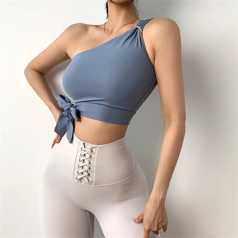 

Sexy One Shoulder Sport Bra Women Running Fitness Vest Push-up Comfort Crop Tank Tops Removable Chest Pad Yoga Underwear