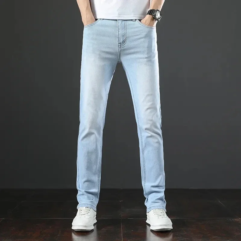 2024 Spring and Autumn New Classic Youthful Vitality Men's Fit Straight Thin Denim Jeans Lightweight Cotton Stretch Trousers