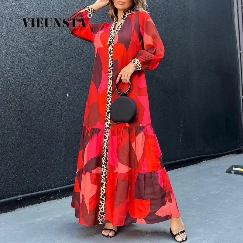 

Retro Leopard Button Shirt Long Casual Dress Women Boho Long Sleeve V-Neck Maxi Dress 2023 Autumn Fashion Print Stitching Dress