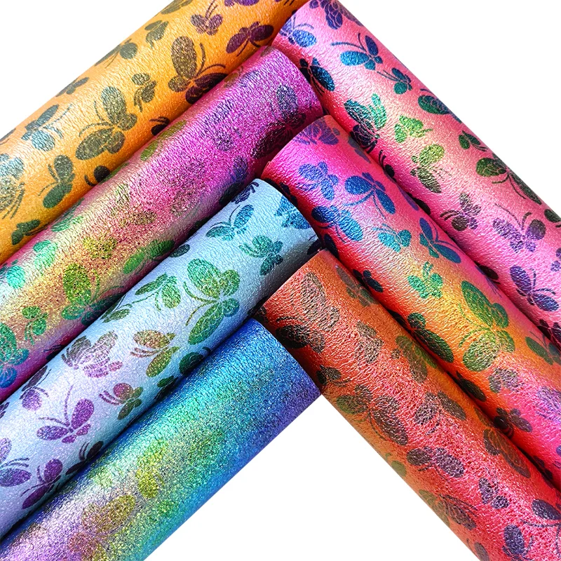

Butterfly Printed Vinyl Metallic Rainbow PU Faux Leather Fabric Sheet for Making Sewing/DIY Accessories/Decorative 46*135cm