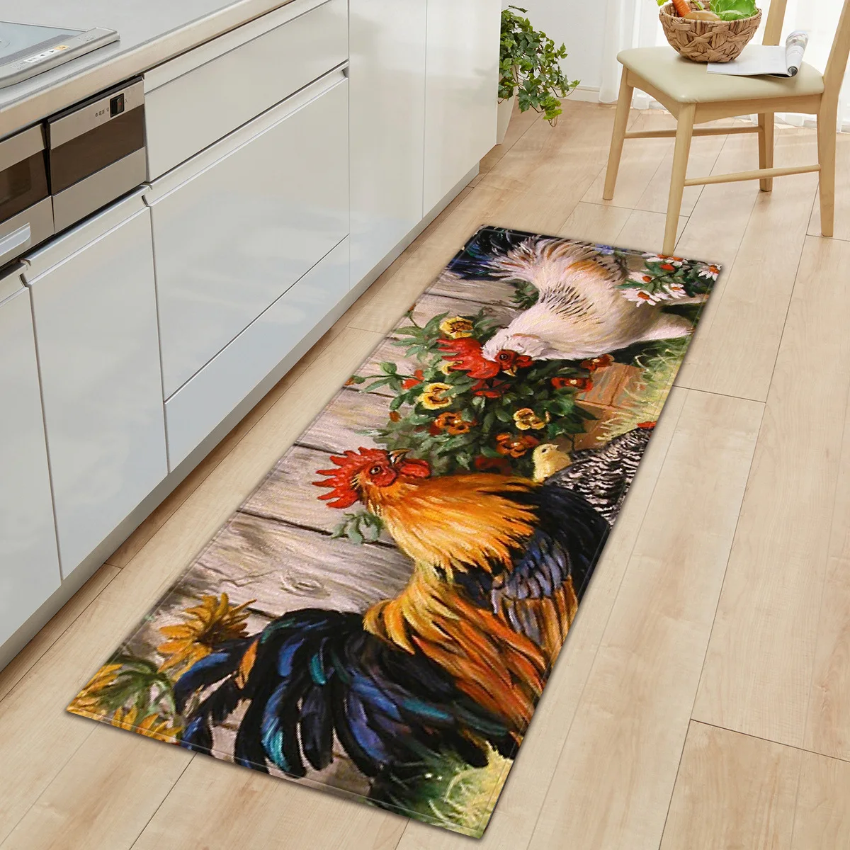 Flowers and Rooster Kitchen Mat Non-Slip Carpet Indoor Outdoor Floor Mats Bedroom Bath Floor Mat Entrance Rug Doormat Alfombra