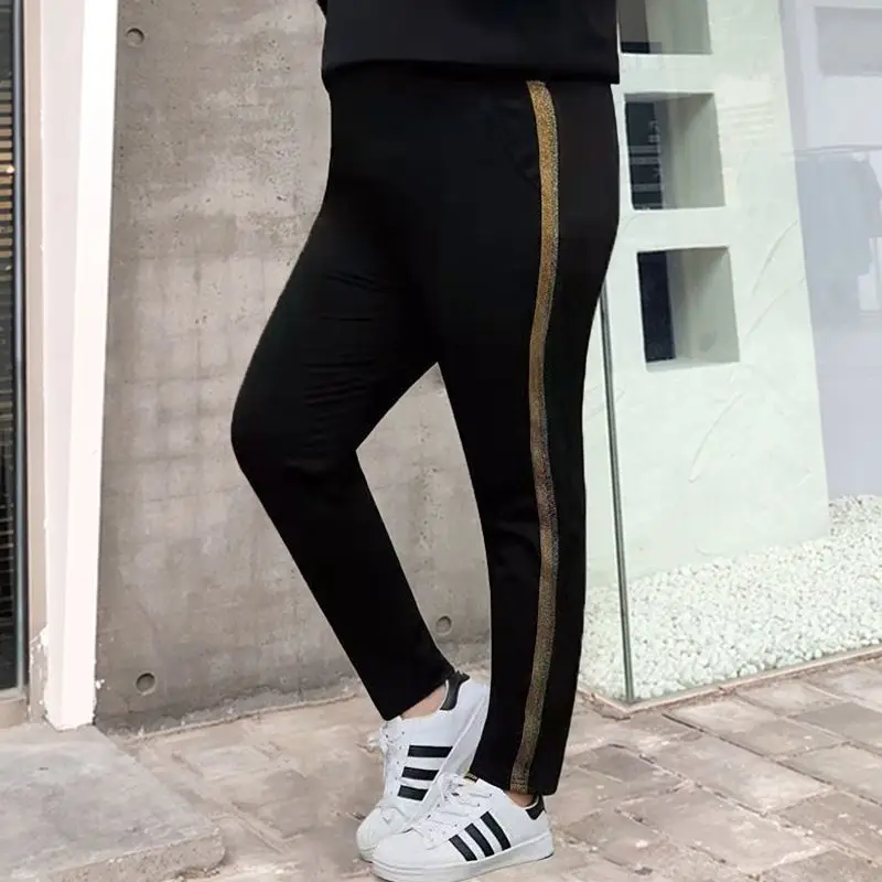 Casual Black Straight Pants Vintage Pockets Splice Side Phnom Penh Striped Elastic High Waist Spring Autumn Plus Size Trousers