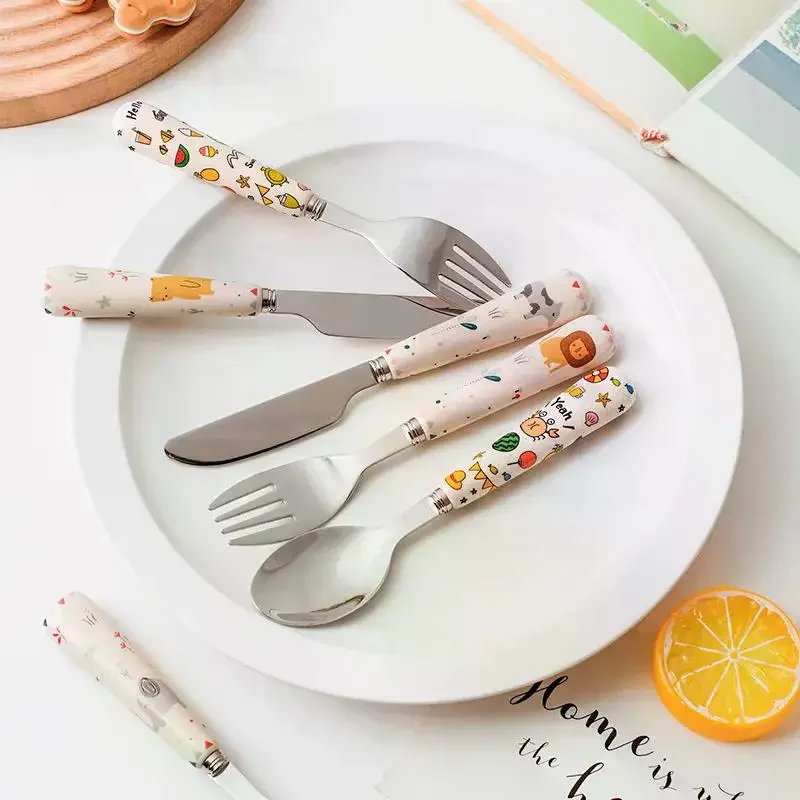 Tableware Cartoon Kids Spoon and Fork Set Dessert Spoon for Children Fork Baby Gadgets Feeding Children's Cutlery for Kids silicone cutlery set fork spoon set baby cutlery