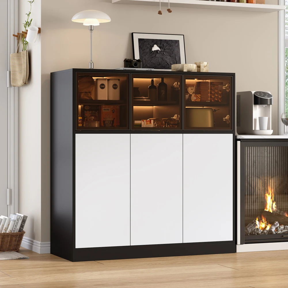 PINGGO Sideboard Aufbewahrungsschrank Küchenbuffet mit Beleuchtung 6 Türen (3 Glas+3 Weiß) für Wohnzimmer Esszimmer 100x40x105cm – Detail 7