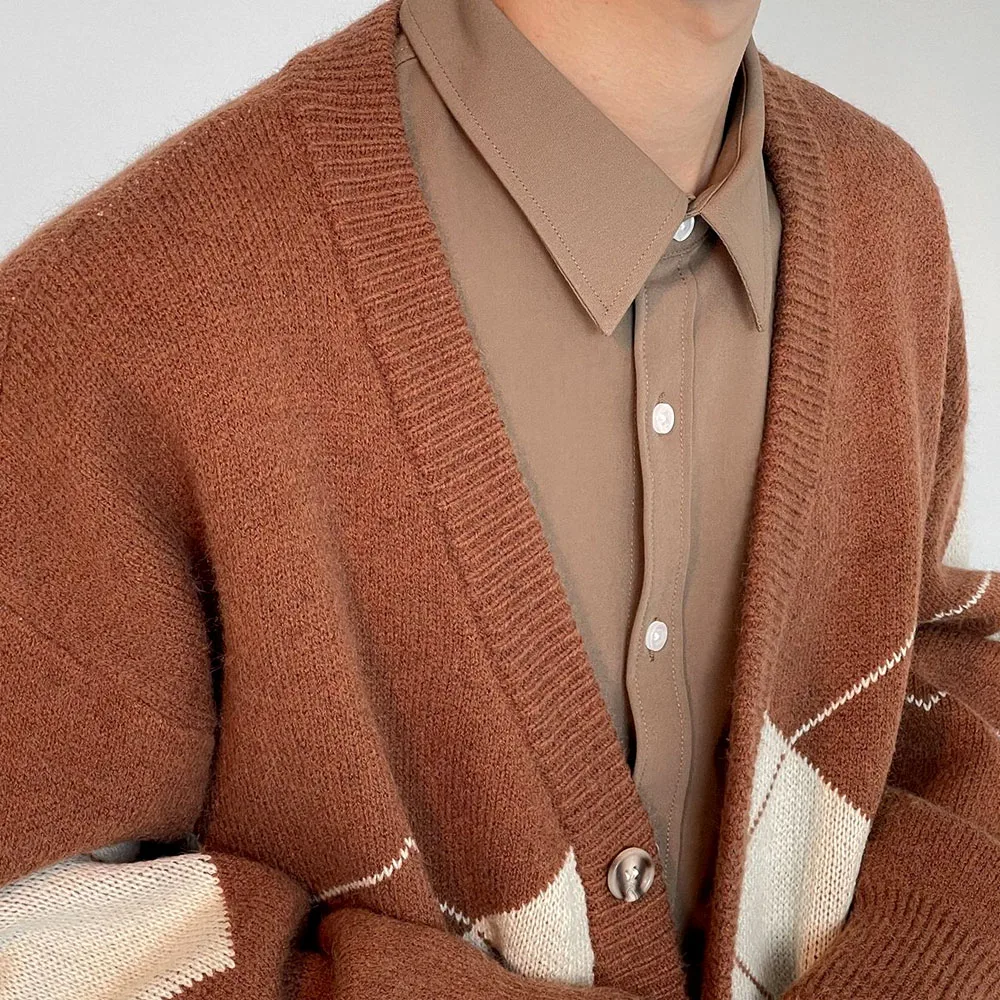 Men's Brown Y2K Knit Sweater Cardigan Retro Winter Blouse Outerwear Knitwear Korean Autumn Clothes Male