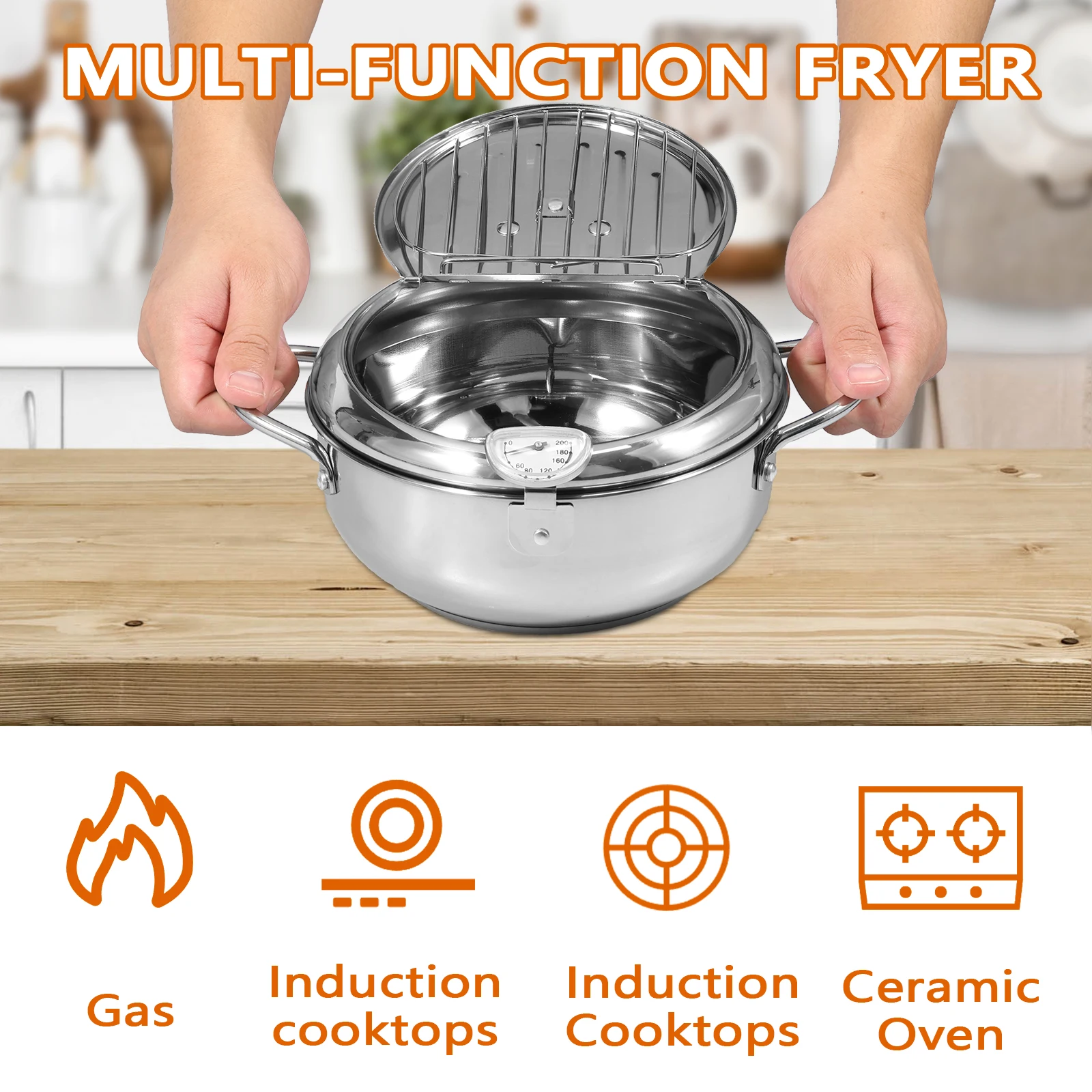 Deep Fryer Pot Strainer Basket Thermometer Stainless Steel Deep Frying Pot Handle 3 Sizes Oil Mini Fryer