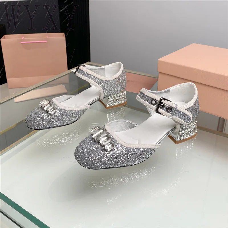 

Summer New Round Toe Chunky Heel Shoes For Women Sequined Cloth Pumps Mary Janes Crystal Sandals Buckle Strap Fashion Shoes 2023
