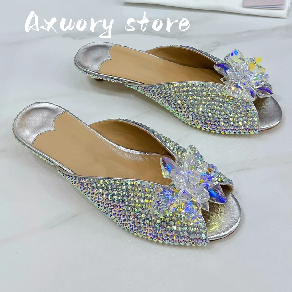 

Women New Low Heel Slippers Shining Crystal Decor Crude Heel Slipper Summer Outside Walking High-heeled Shoes